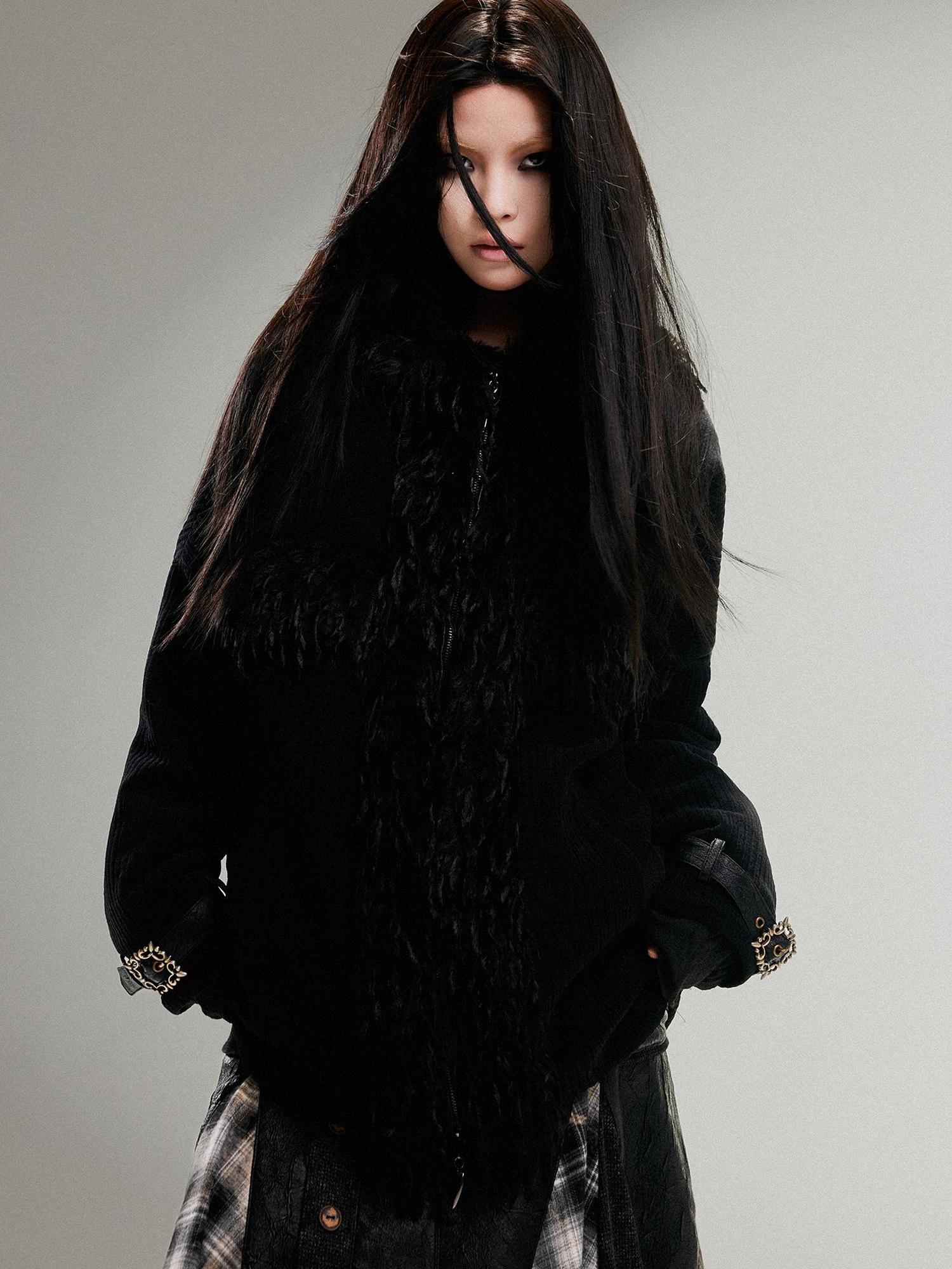 ARIADNAw Punk Faux Fur Wool Lined Collar Coat Winter Oversize Mid Length