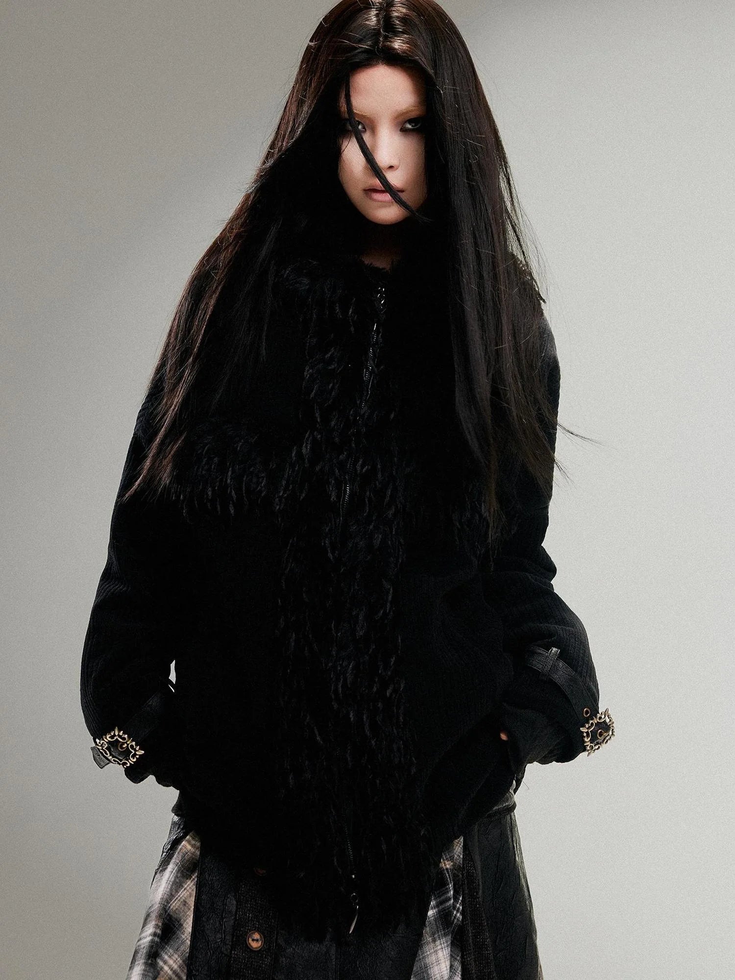 Punk Faux Fur Wool Lined Collar Coat Winter Oversize Mid Length