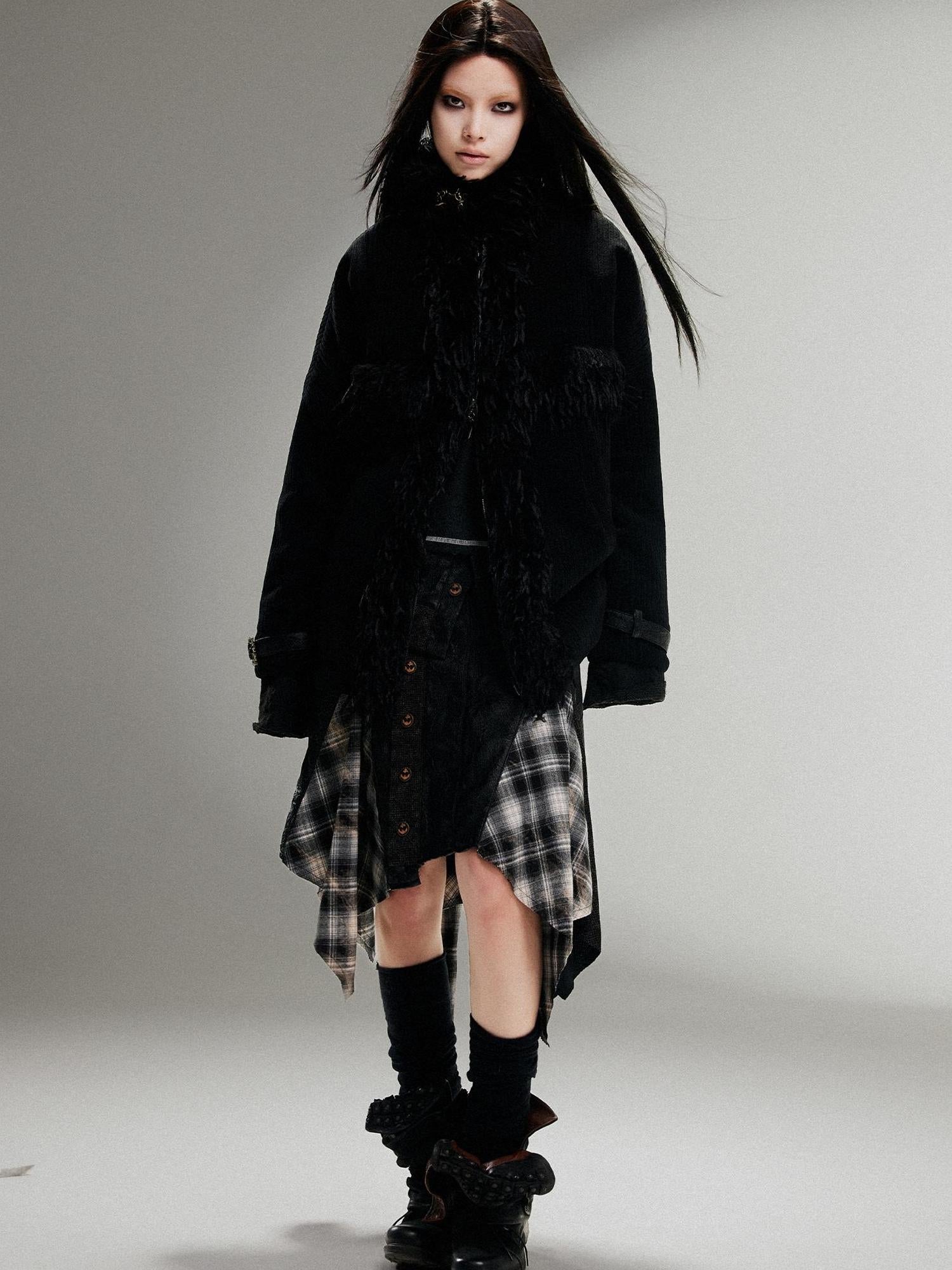 ARIADNAw Punk Faux Fur Wool Lined Collar Coat Winter Oversize Mid Length