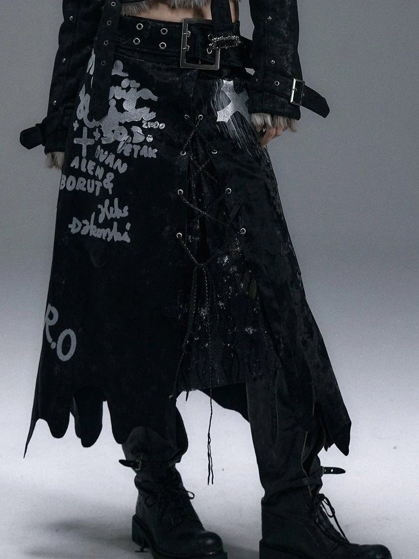 Punk Gothic Lace Asymmetrical Leather Skirt Dresses
