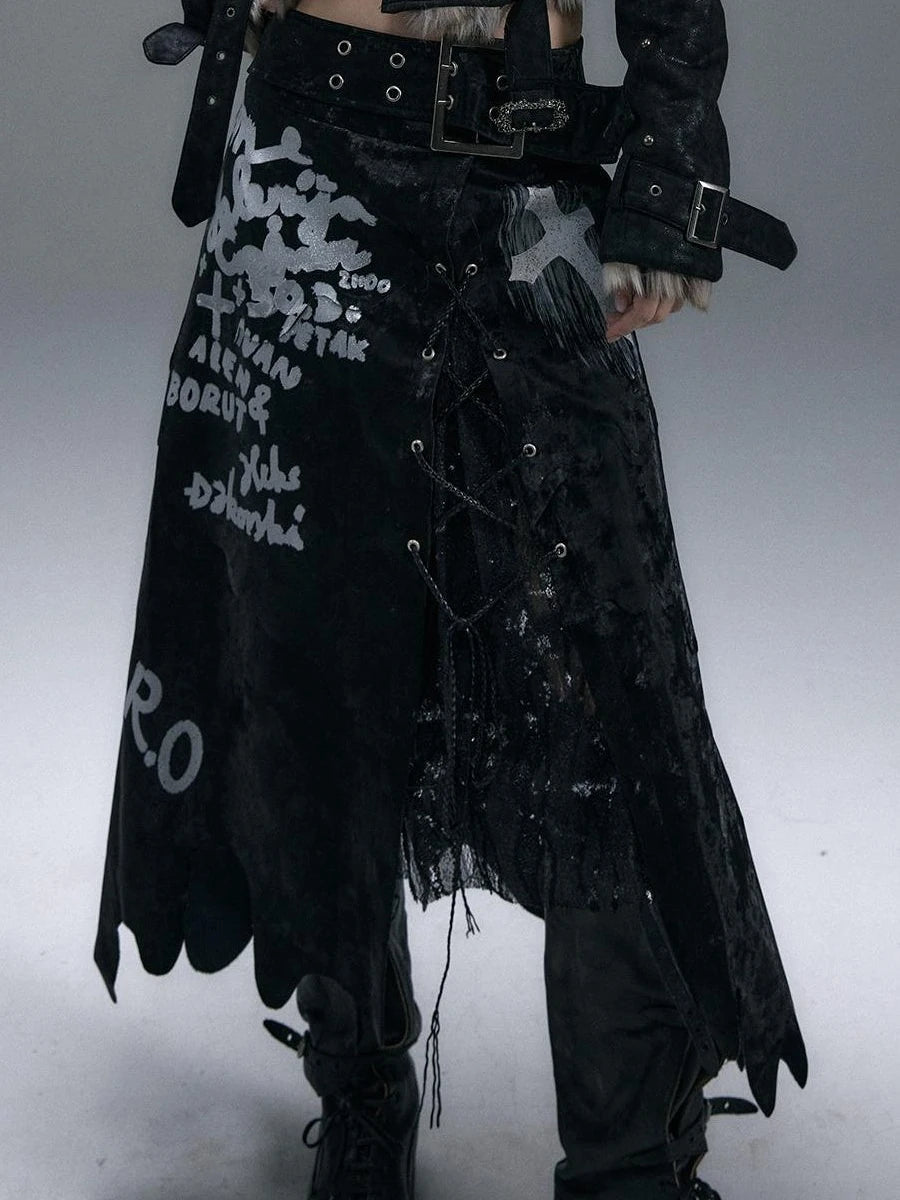 Punk Gothic Lace Asymmetrical Leather Skirt Dresses