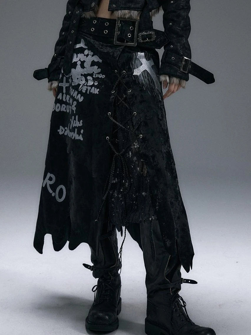 Punk Gothic Lace Asymmetrical Leather Skirt Dresses