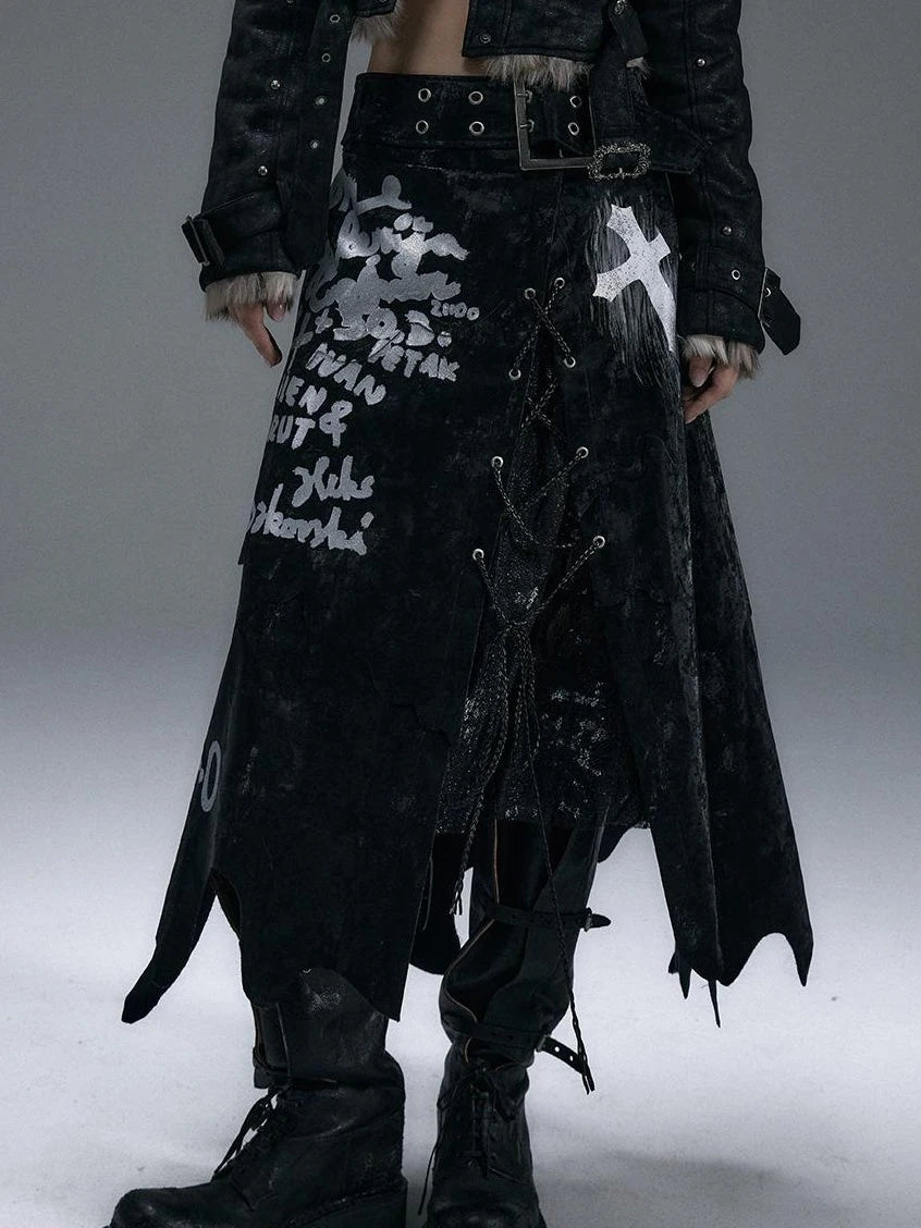 Punk Gothic Lace Asymmetrical Leather Skirt Dresses