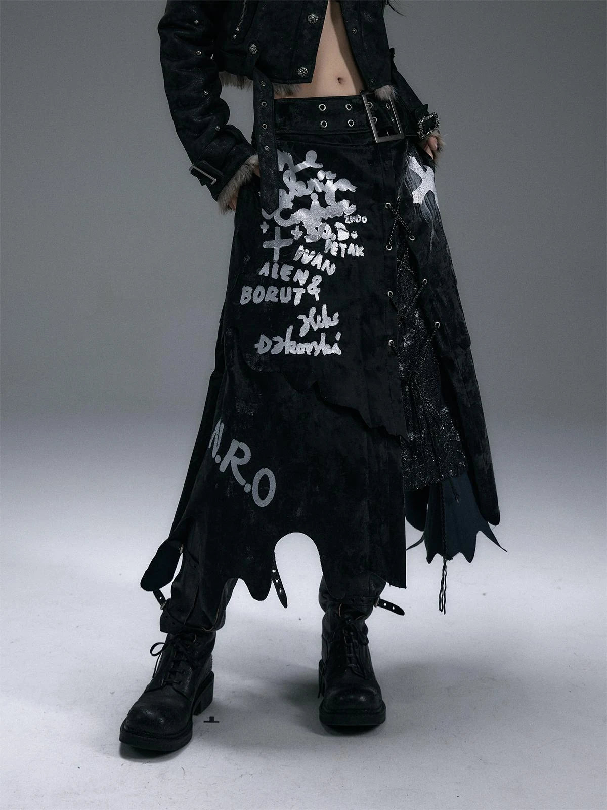 Punk Gothic Lace Asymmetrical Leather Skirt Dresses