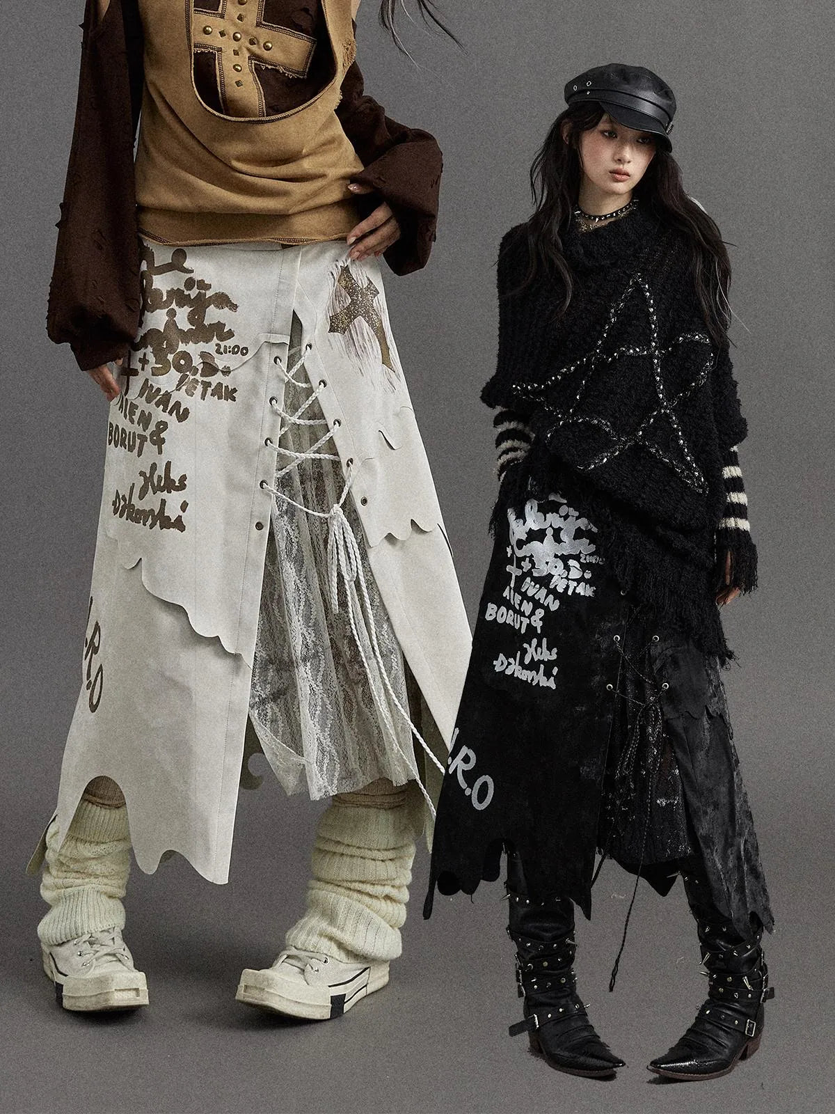 Punk Gothic Lace Asymmetrical Leather Skirt Dresses