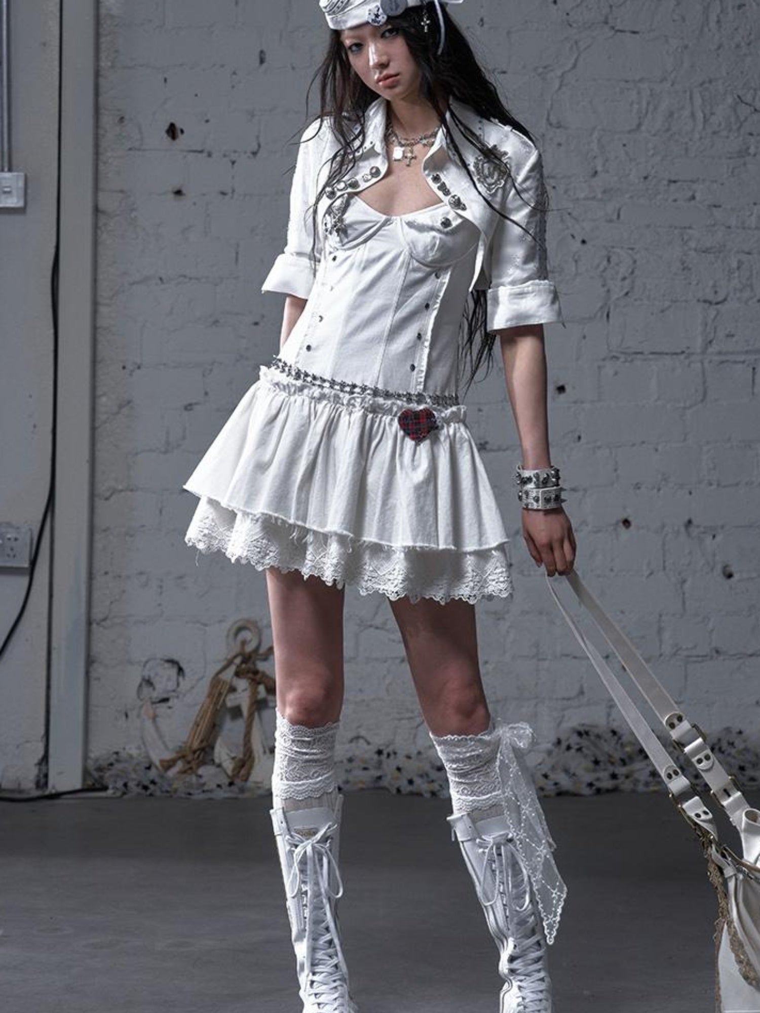 NO ROMANCE Punk Gothic Lace Trim Mini Puff Dress