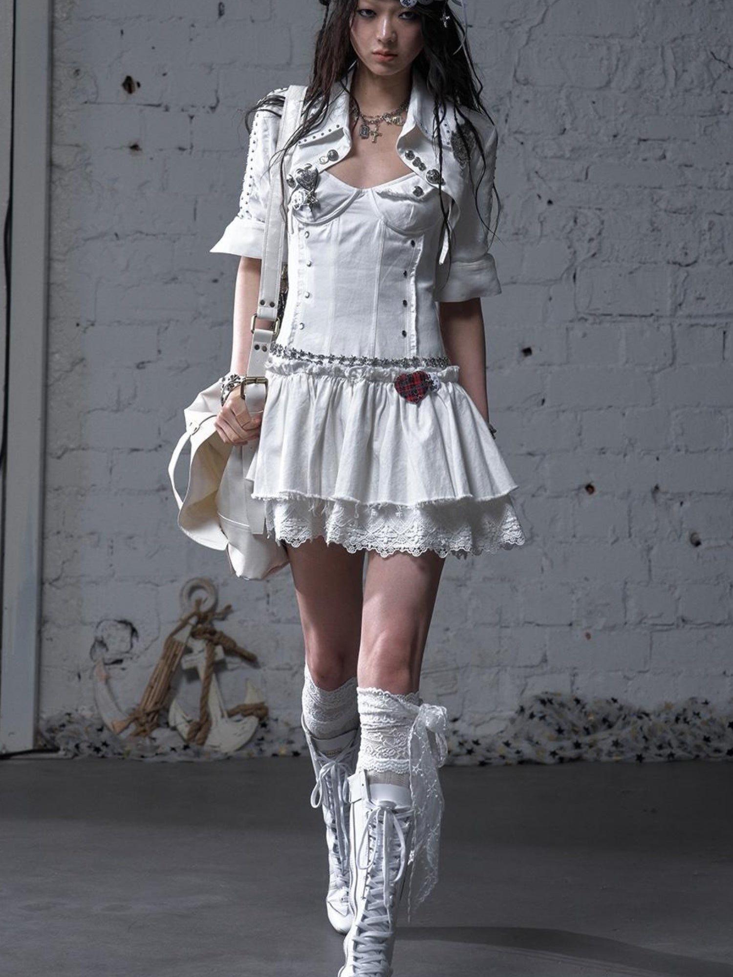 NO ROMANCE Punk Gothic Lace Trim Mini Puff Dress