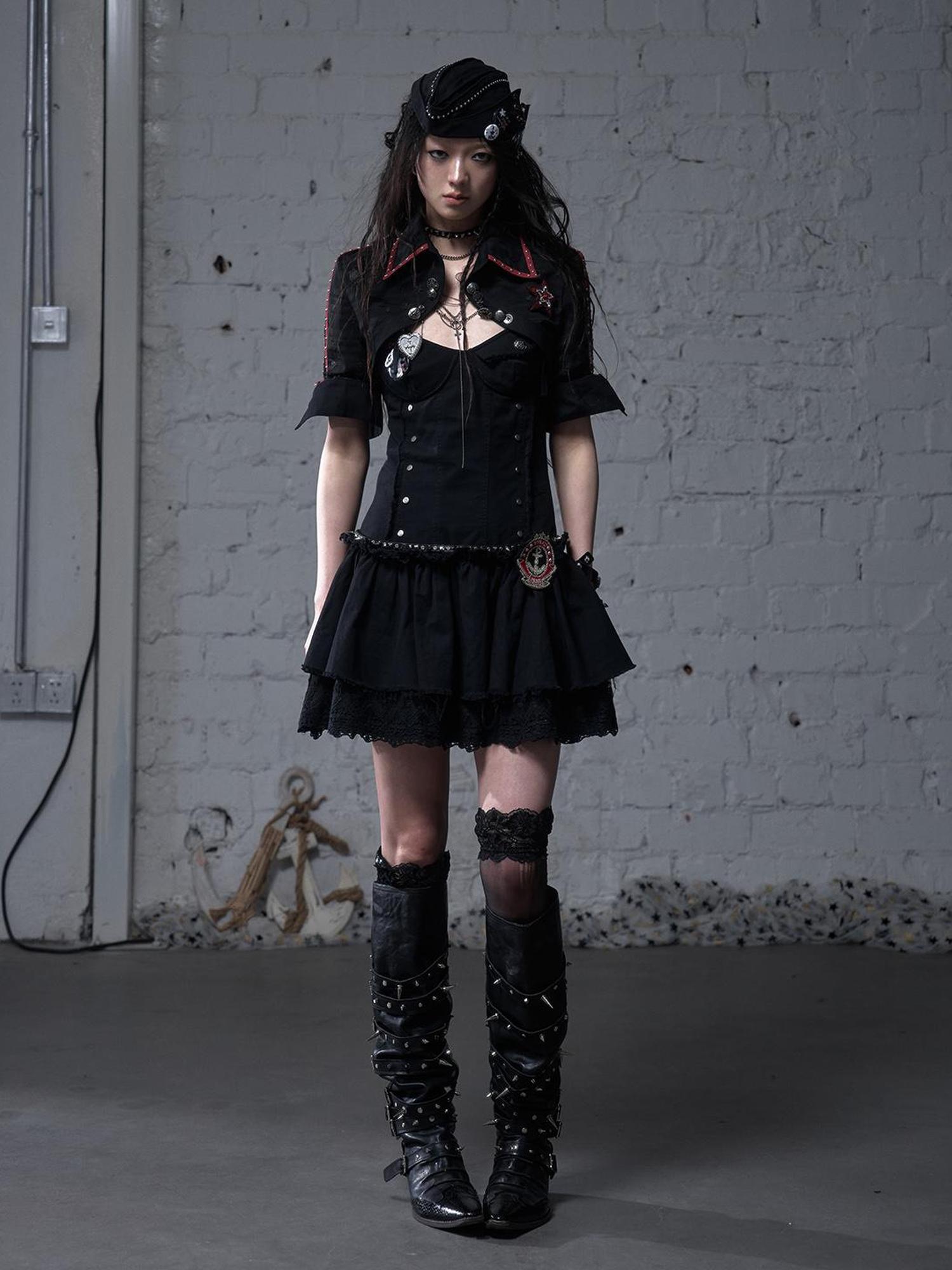 NO ROMANCE Punk Gothic Lace Trim Mini Puff Dress