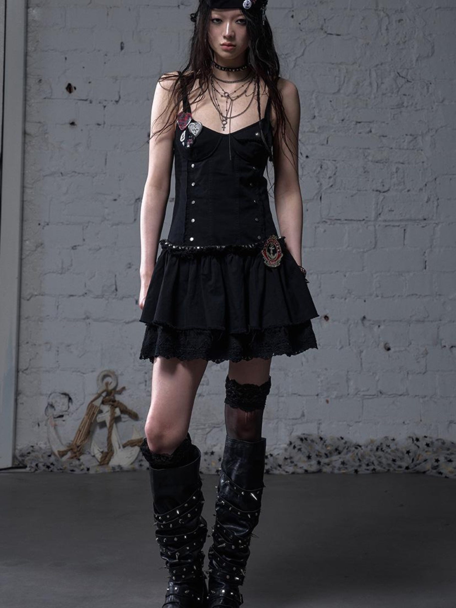 NO ROMANCE Punk Gothic Lace Trim Mini Puff Dress
