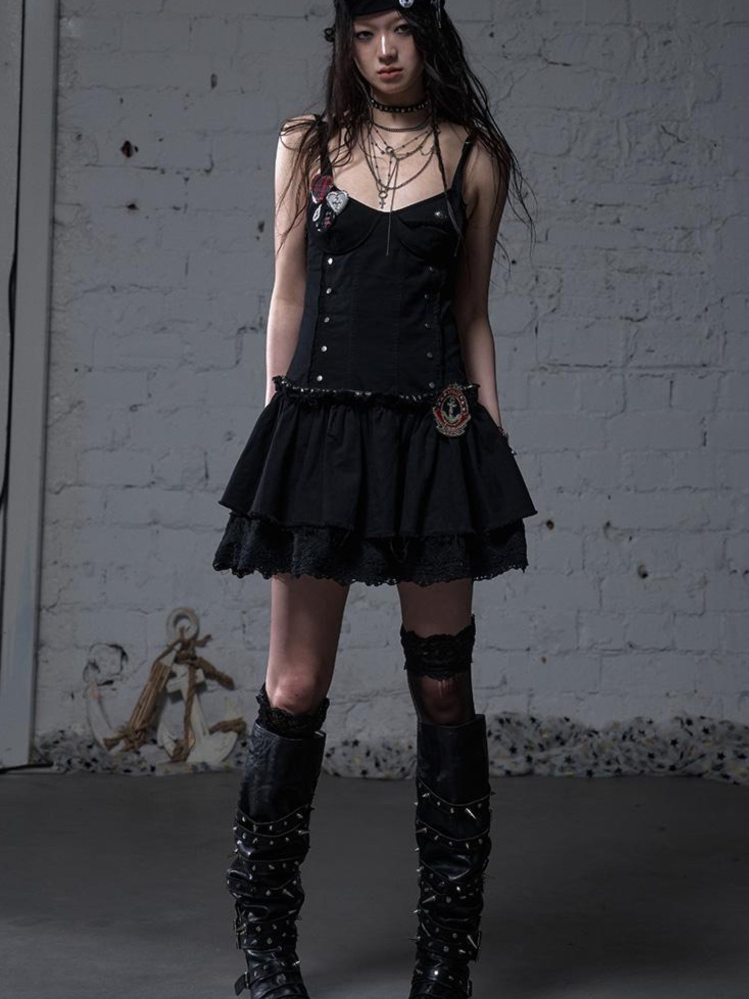 NO ROMANCE Punk Gothic Lace Trim Mini Puff Dress
