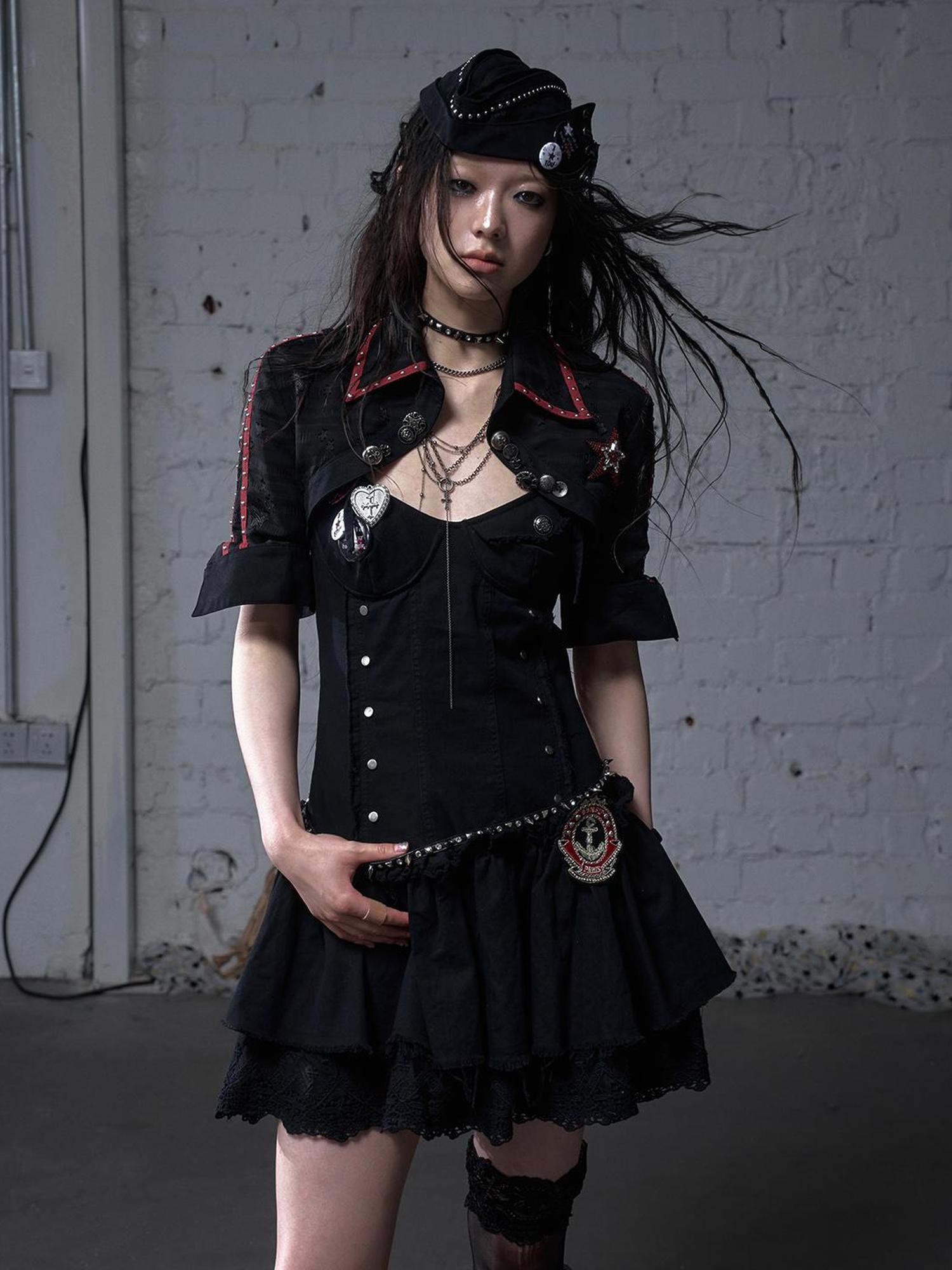 NO ROMANCE Punk Gothic Lace Trim Mini Puff Dress