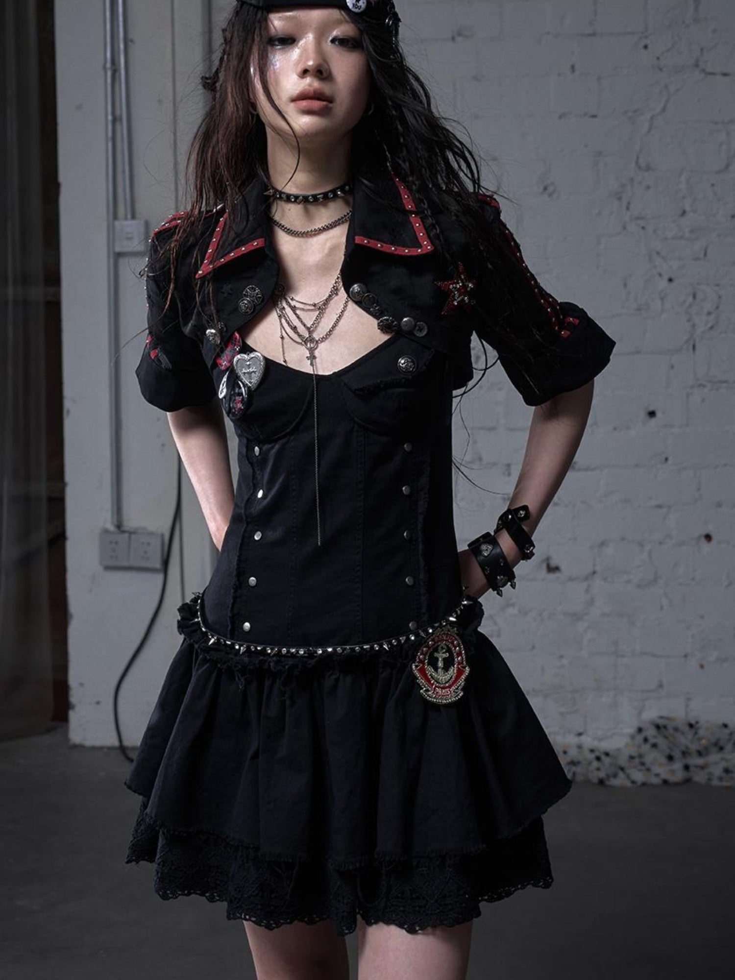 NO ROMANCE Punk Gothic Lace Trim Mini Puff Dress
