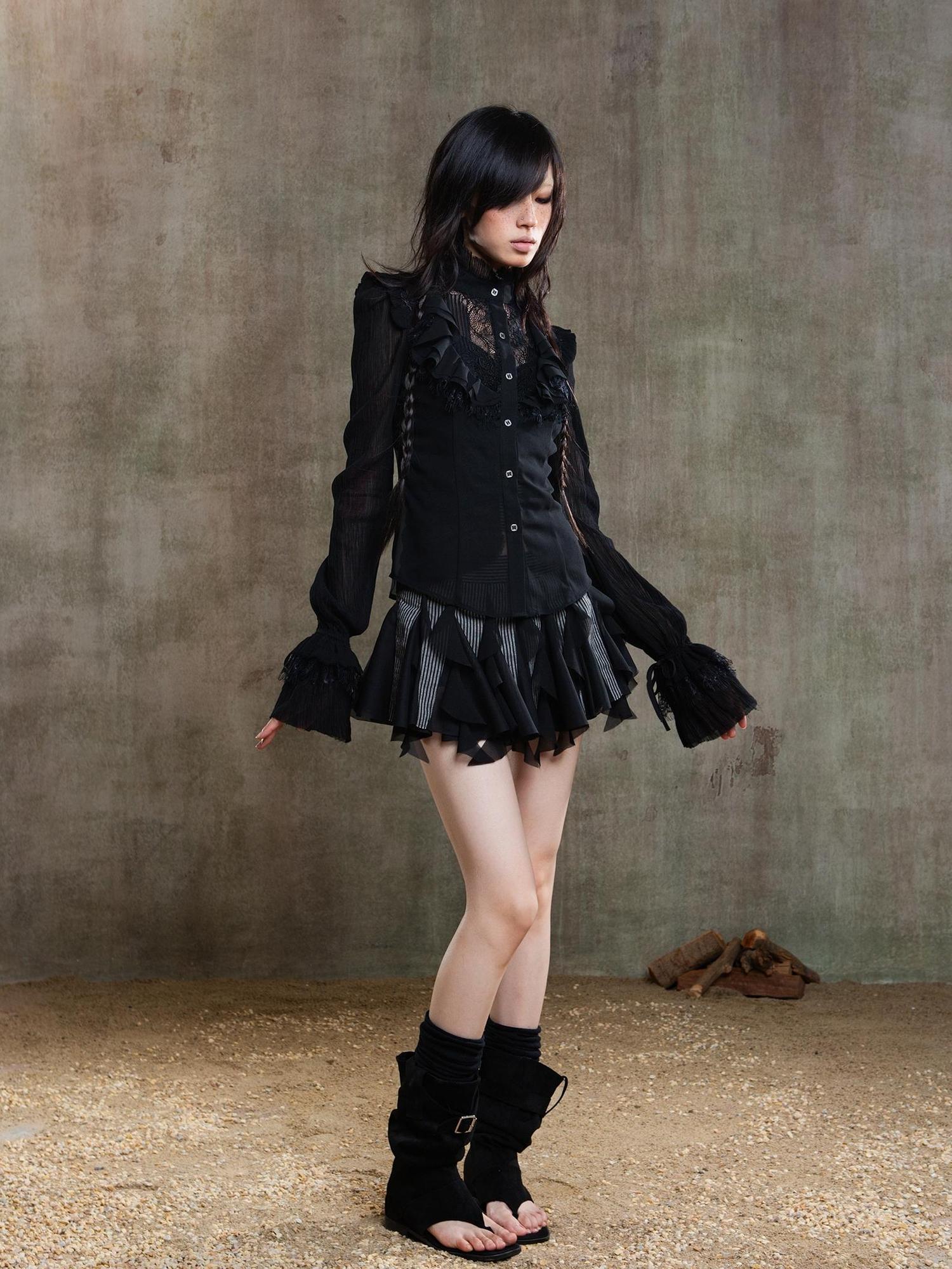ARIADNAw Punk Gothic Pleated Asymmetrical Low Waist Skirt