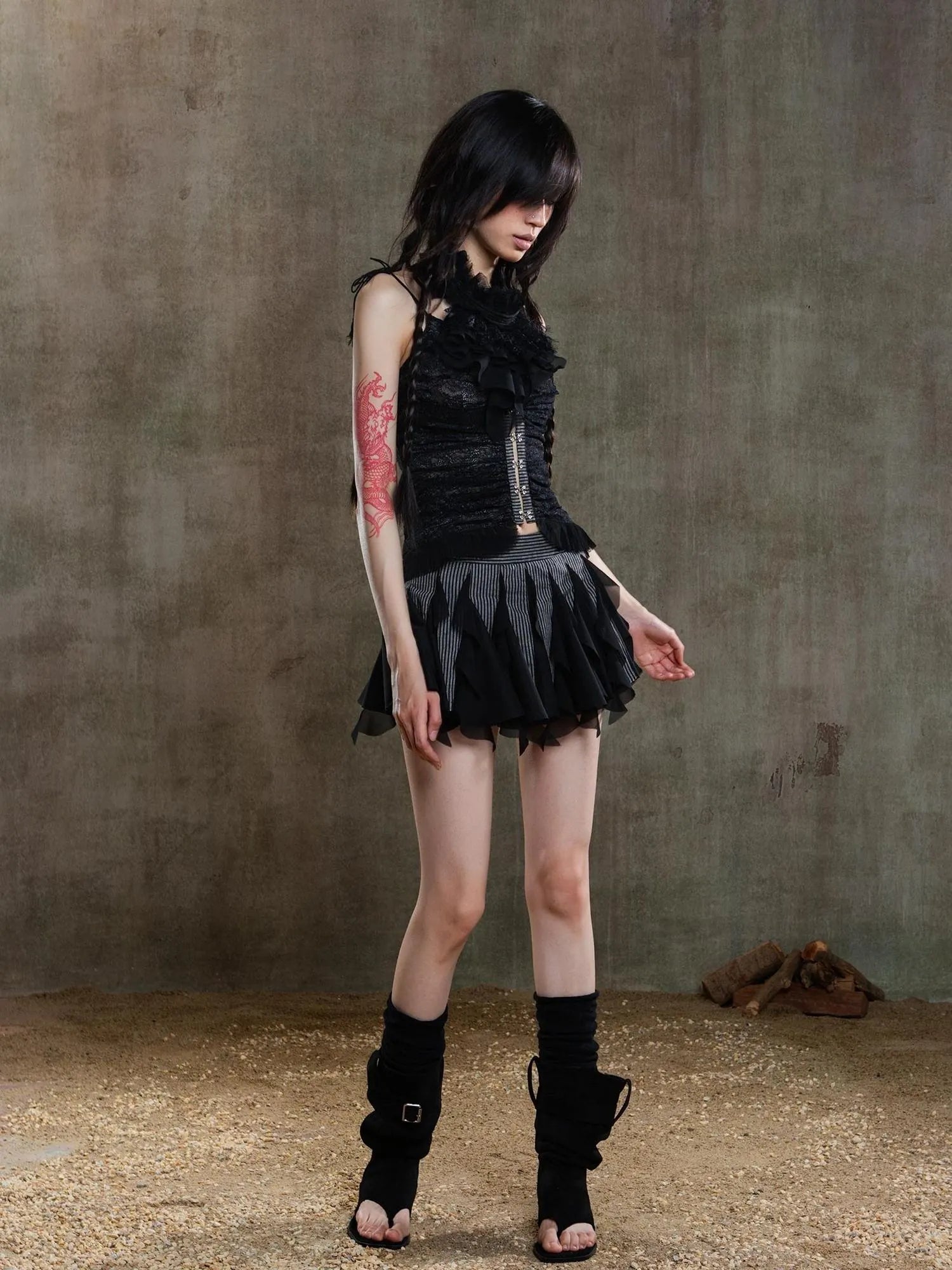 Punk Gothic Pleated Asymmetrical Low Waist Skirt