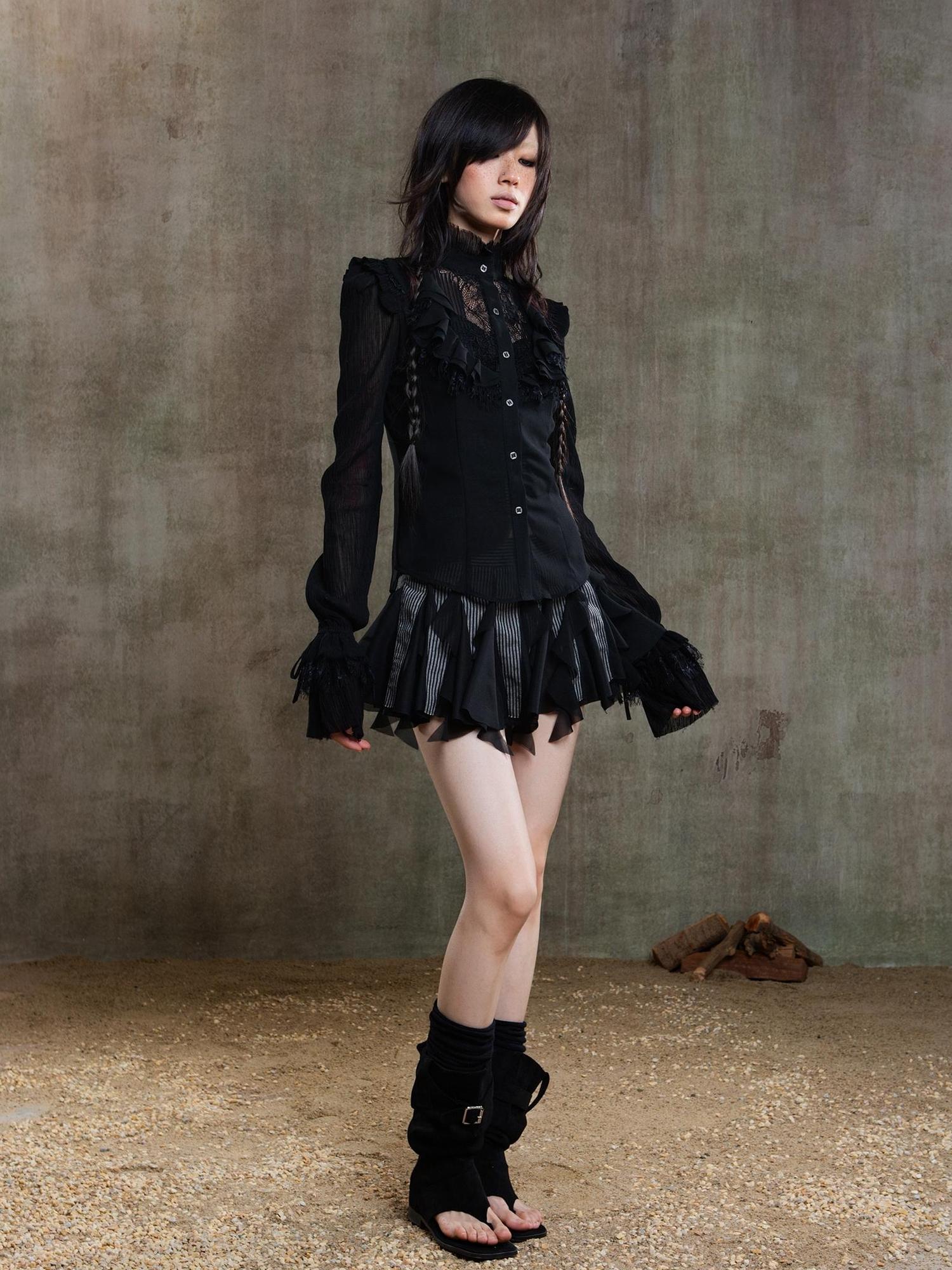 ARIADNAw Punk Gothic Pleated Asymmetrical Low Waist Skirt