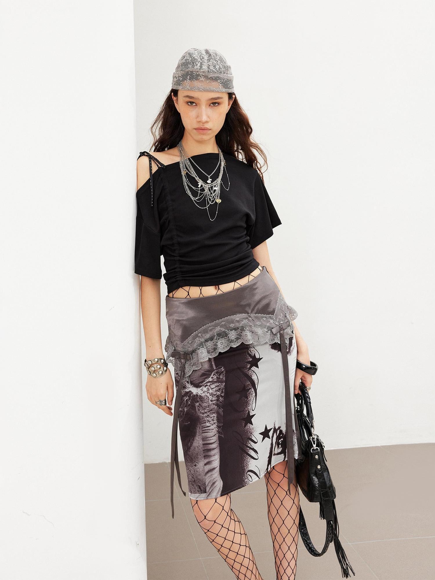 2th Desire Punk Graffiti Polka Dot Floral Lace Bow Mermaid Midi Skirt