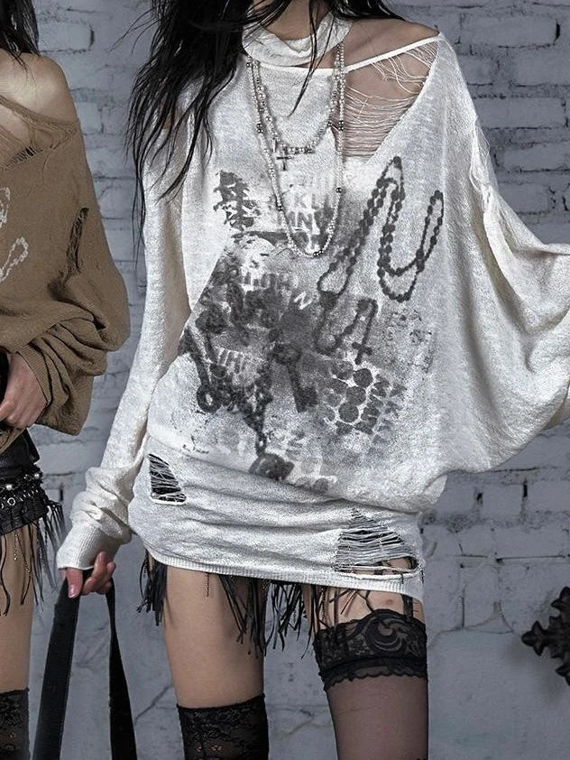 Punk Grunge Royal Print Off-Shoulder Knit Top