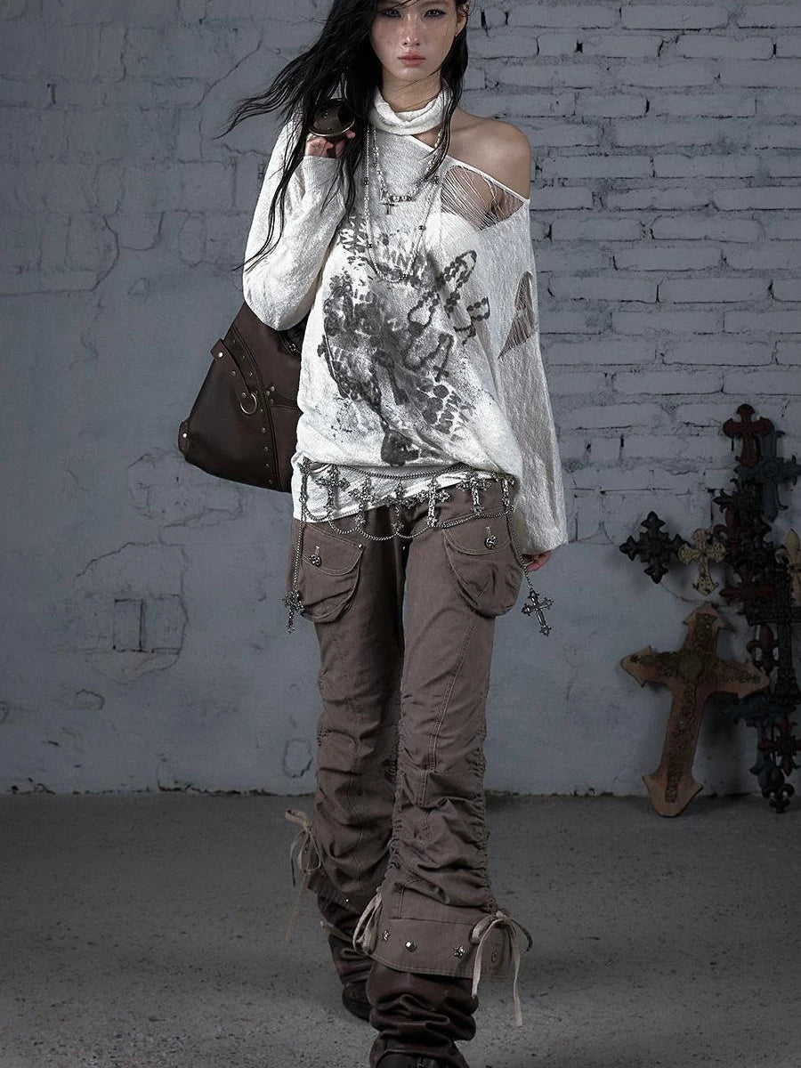Punk Grunge Royal Print Off-Shoulder Knit Top