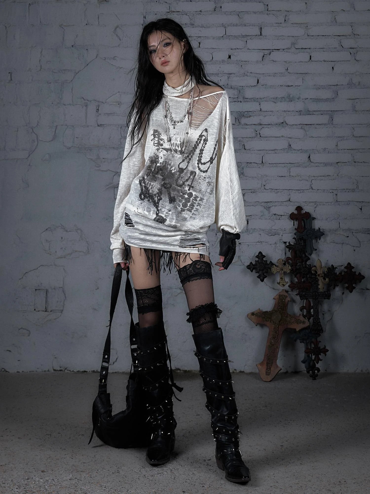 Punk Grunge Royal Print Off-Shoulder Knit Top