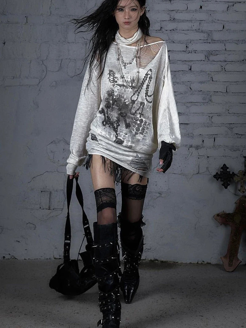 Punk Grunge Royal Print Off-Shoulder Knit Top