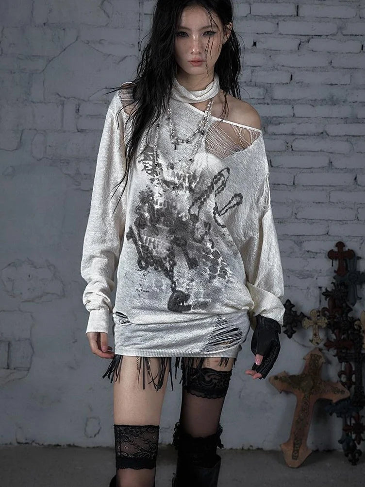 Punk Grunge Royal Print Off-Shoulder Knit Top