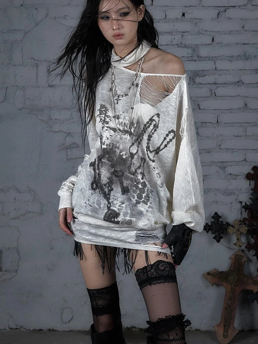 Punk Grunge Royal Print Off-Shoulder Knit Top