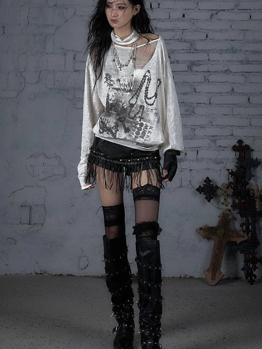 Punk Grunge Royal Print Off-Shoulder Knit Top