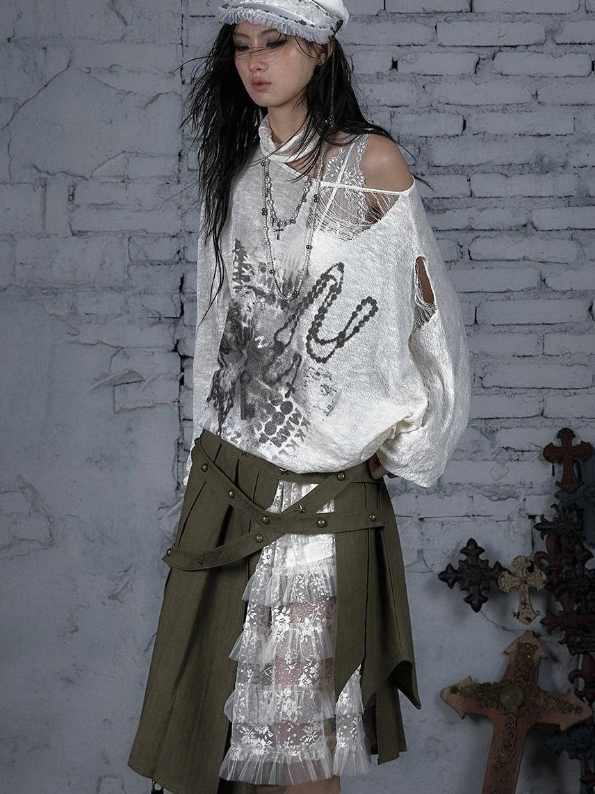 Punk Grunge Royal Print Off-Shoulder Knit Top