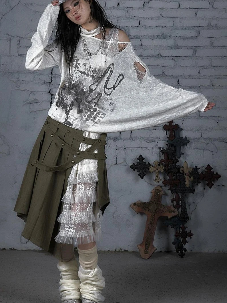 Punk Grunge Royal Print Off-Shoulder Knit Top