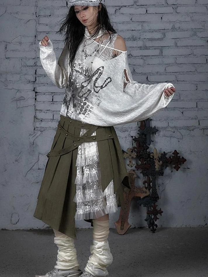 Punk Grunge Royal Print Off-Shoulder Knit Top