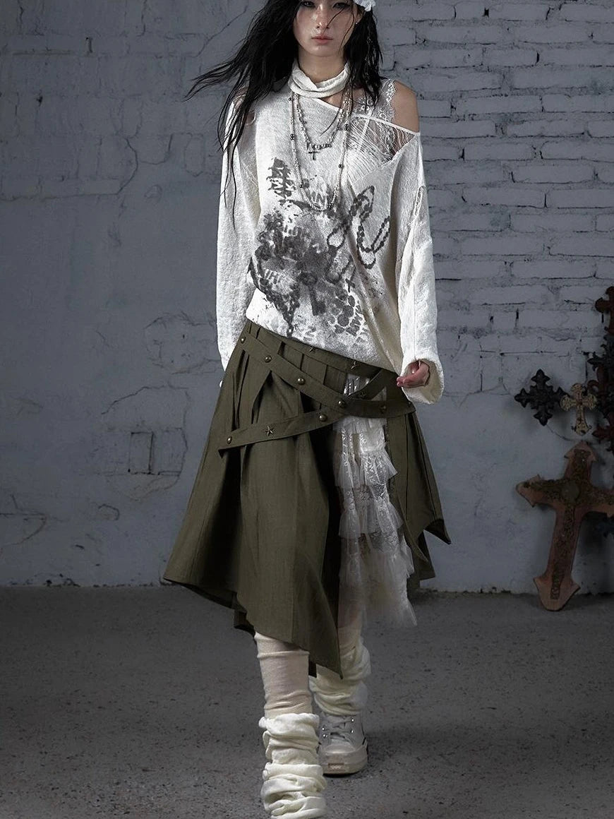 Punk Grunge Royal Print Off-Shoulder Knit Top