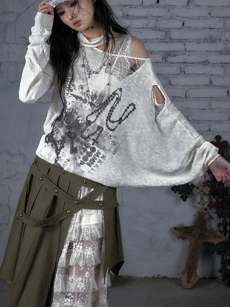 Punk Grunge Royal Print Off-Shoulder Knit Top