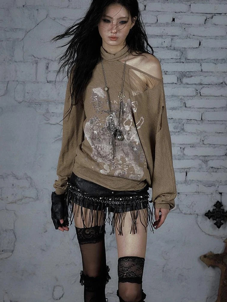 Punk Grunge Royal Print Off-Shoulder Knit Top