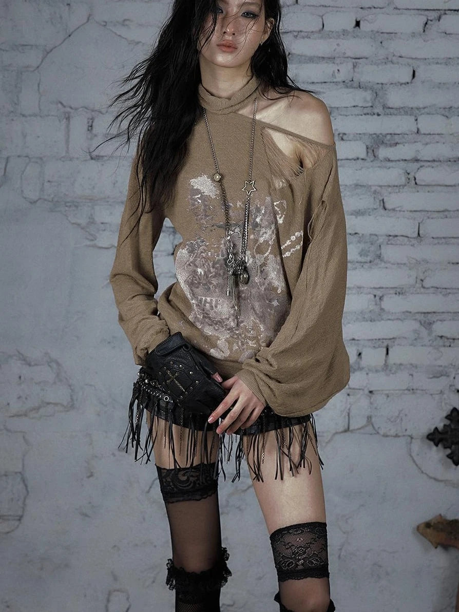 Punk Grunge Royal Print Off-Shoulder Knit Top