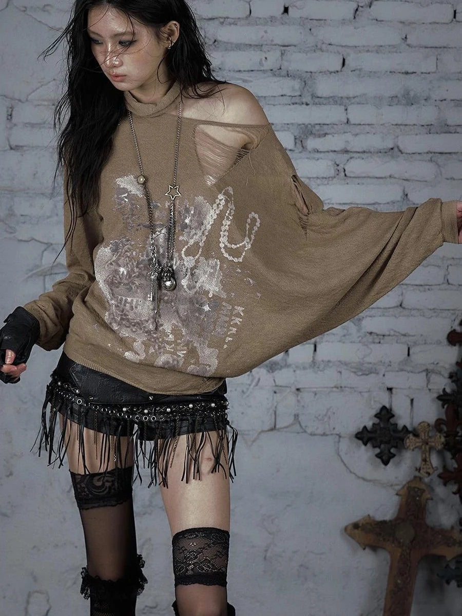 Punk Grunge Royal Print Off-Shoulder Knit Top