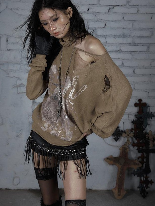 NO ROMANCE Punk Grunge Royal Print Off-Shoulder Knit Top