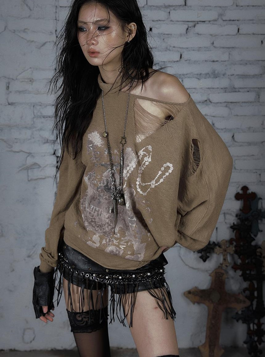 NO ROMANCE Punk Grunge Royal Print Off-Shoulder Knit Top