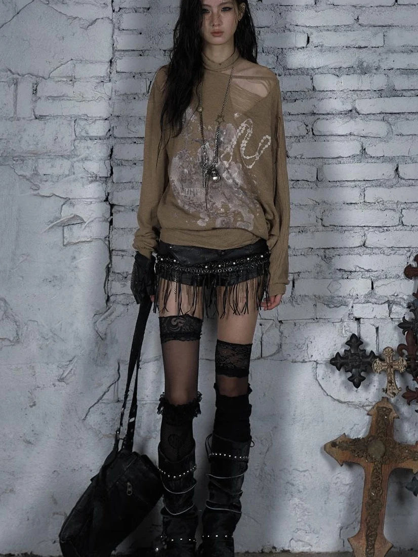 Punk Grunge Royal Print Off-Shoulder Knit Top