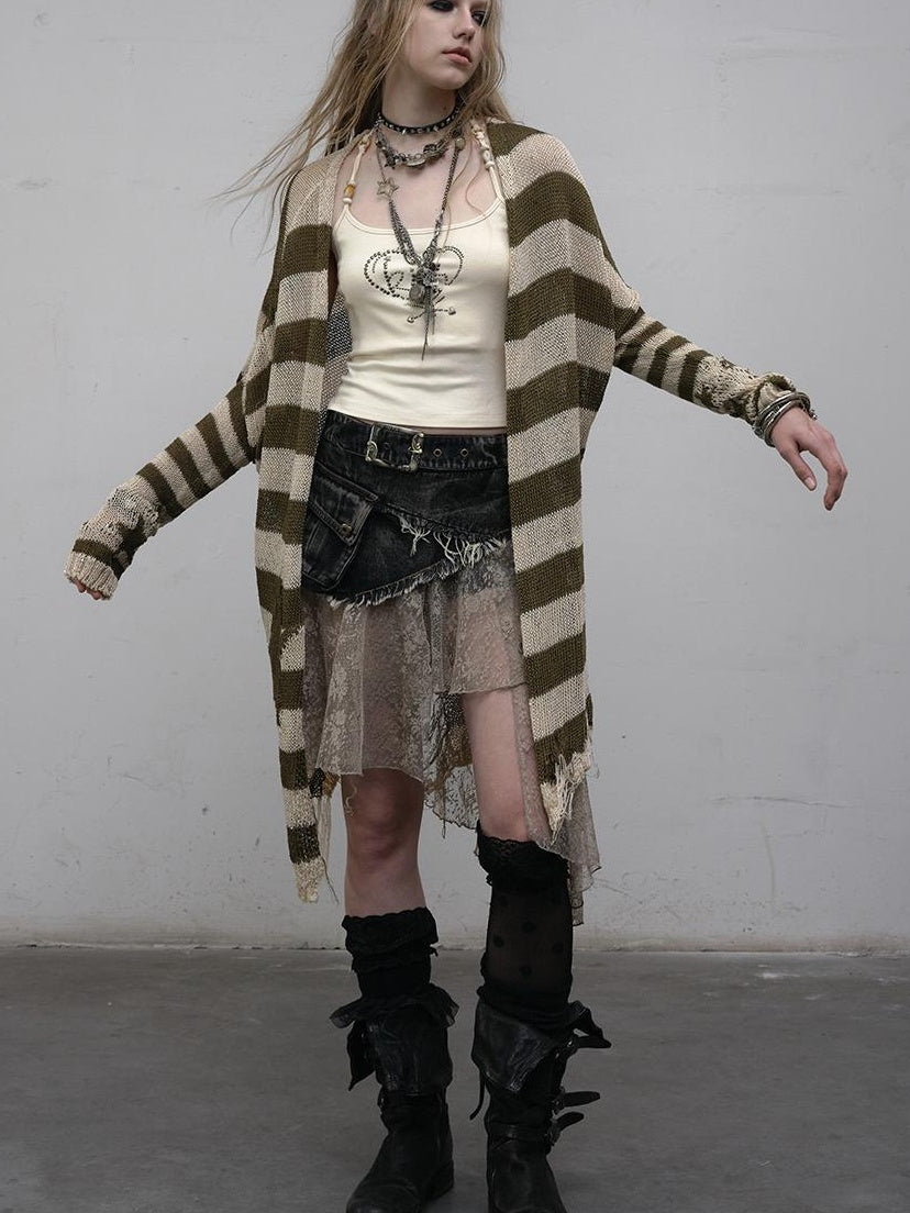 NO ROMANCE禁忌浪漫 Punk Grunge Striped Knit Batwing Sleeve Cover-Up Shirt