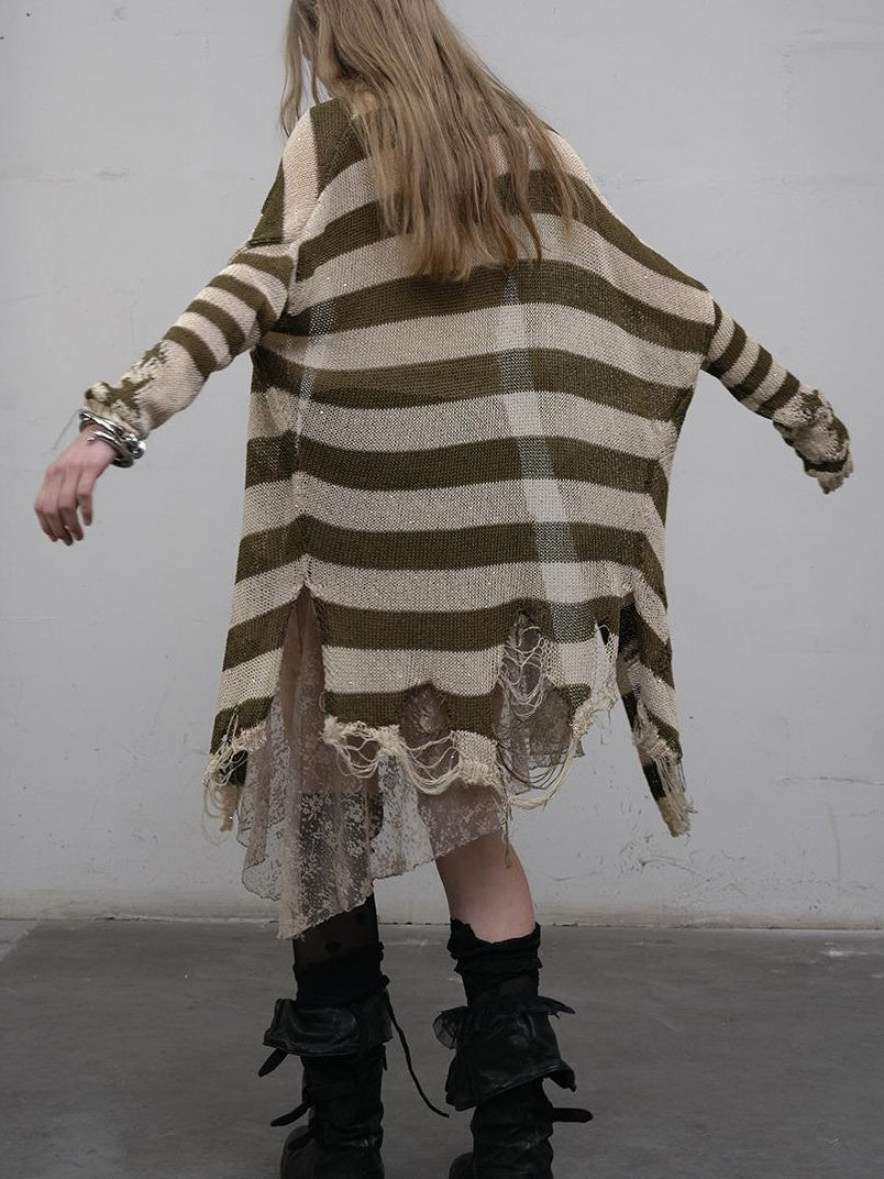 NO ROMANCE禁忌浪漫 Punk Grunge Striped Knit Batwing Sleeve Cover-Up Shirt