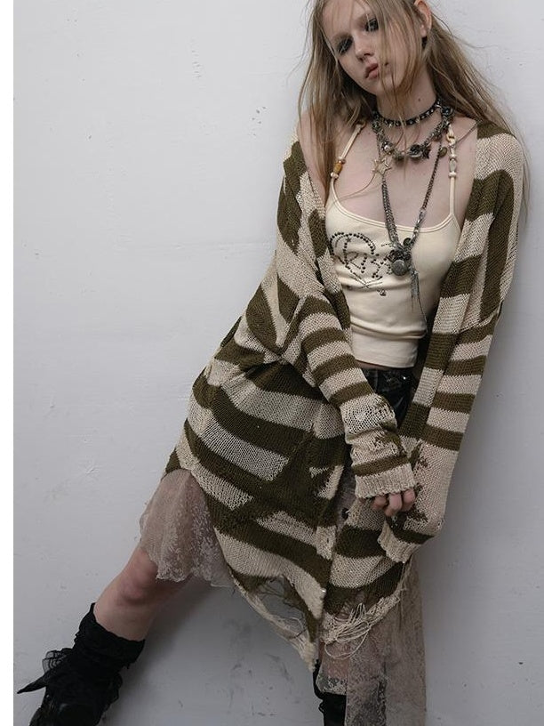 NO ROMANCE禁忌浪漫 Punk Grunge Striped Knit Batwing Sleeve Cover-Up Shirt