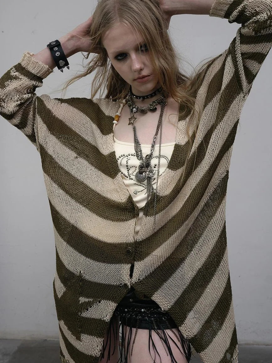Punk Grunge Striped Knit Batwing Sleeve Cover-Up Shirt