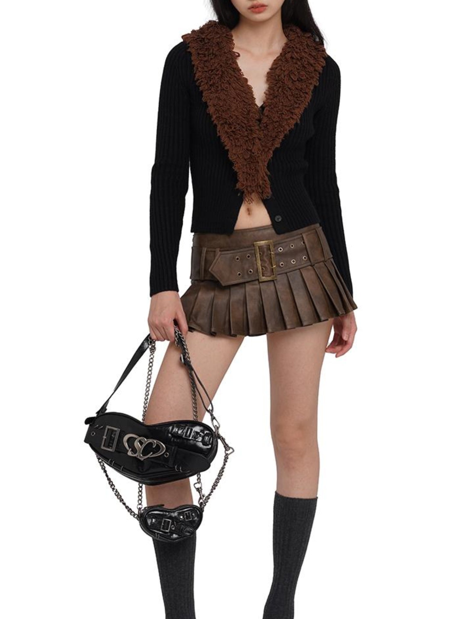 SweetChilling Punk Heart Chain Bag Genuine Leather Crossbody Bag