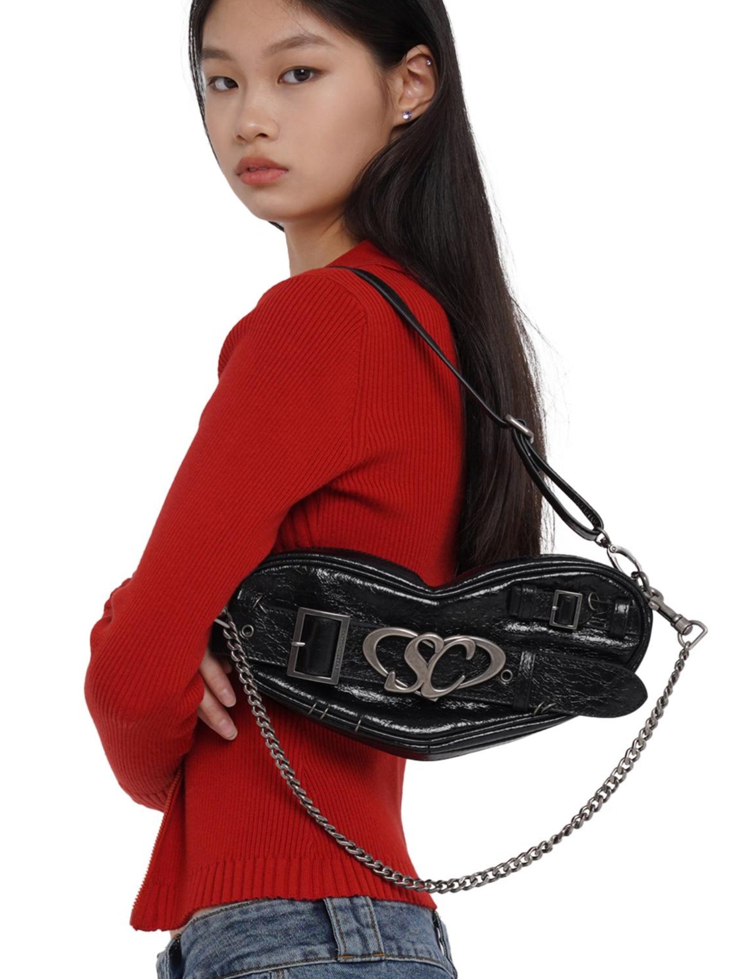 SweetChilling Punk Heart Chain Bag Genuine Leather Crossbody Bag