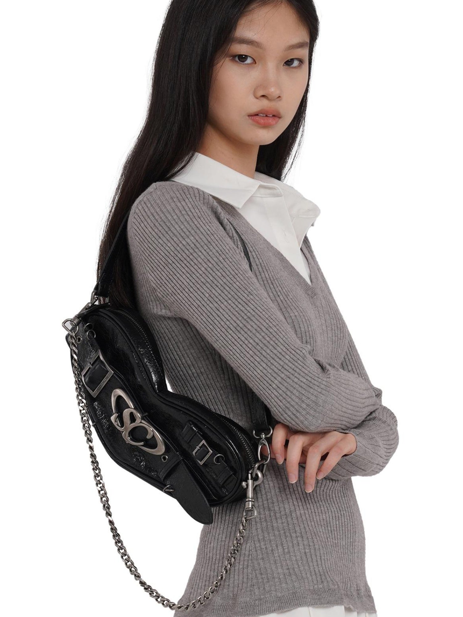 SweetChilling Punk Heart Chain Bag Genuine Leather Crossbody Bag
