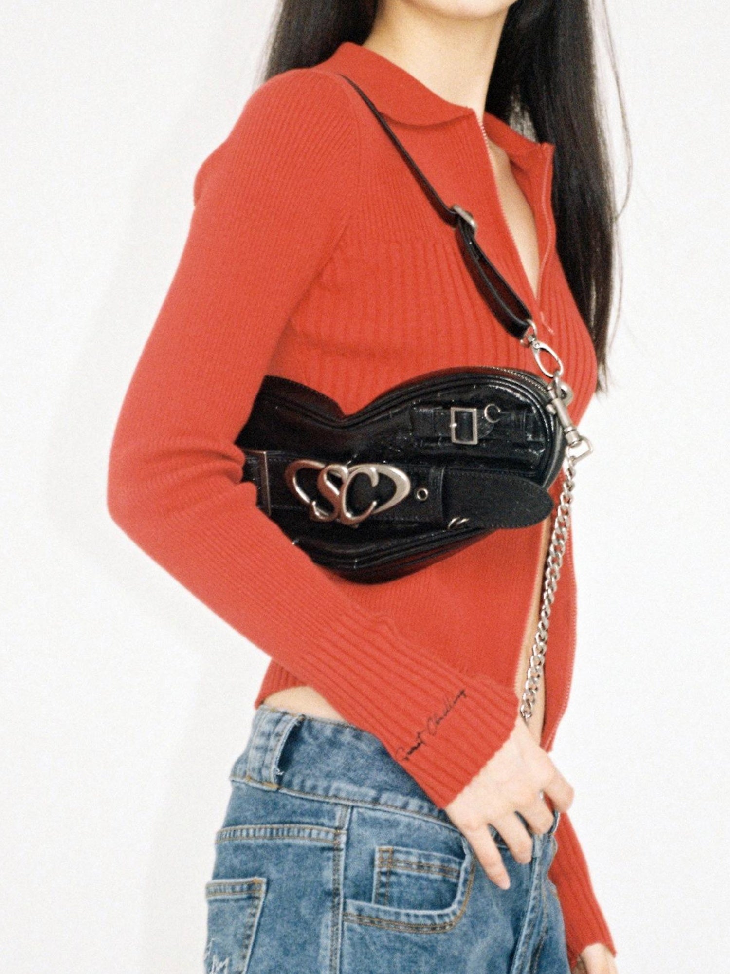 SweetChilling Punk Heart Chain Bag Genuine Leather Crossbody Bag