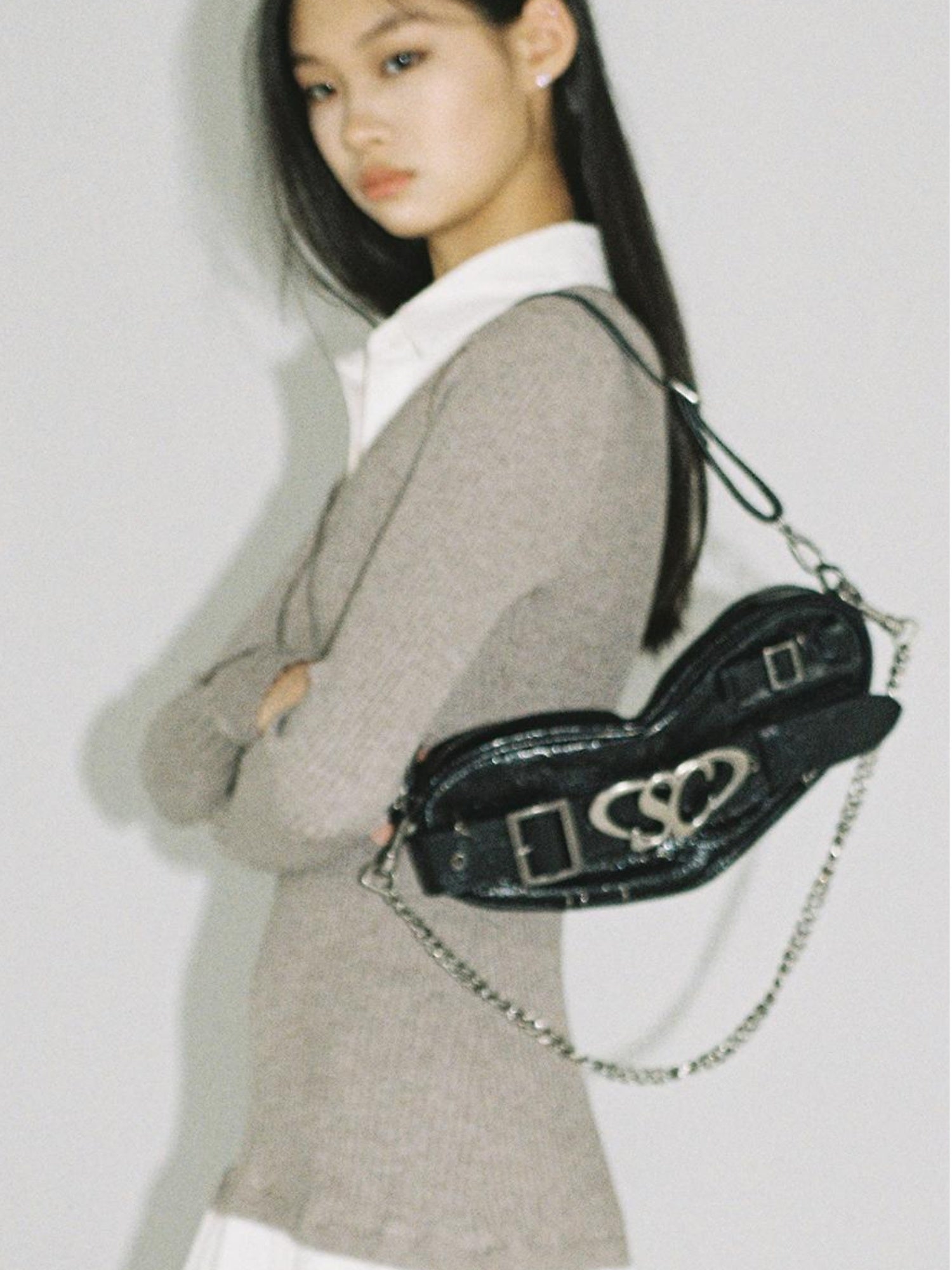 SweetChilling Punk Heart Chain Bag Genuine Leather Crossbody Bag