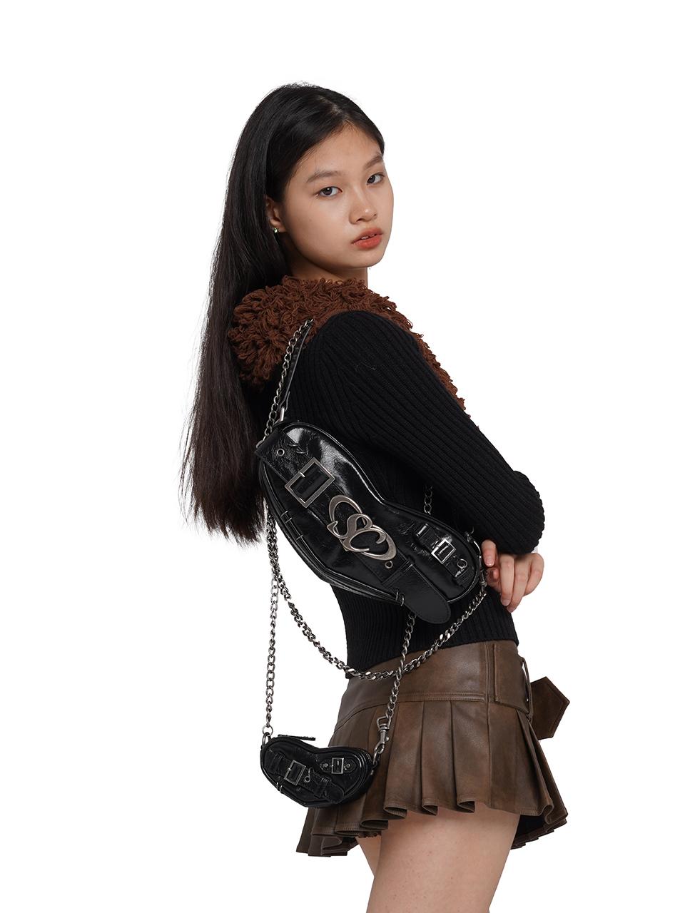 SweetChilling Punk Heart Chain Bag Genuine Leather Crossbody Bag