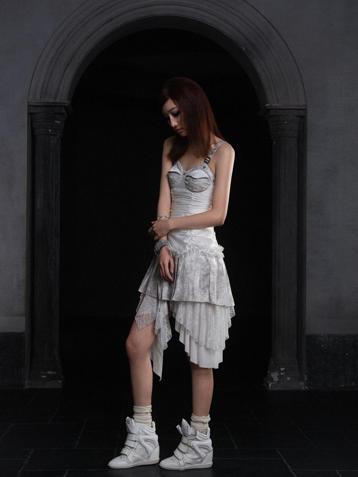 ARIADNAw Punk Inspired Satin Ruffle Layered Dress Edgy Versatile