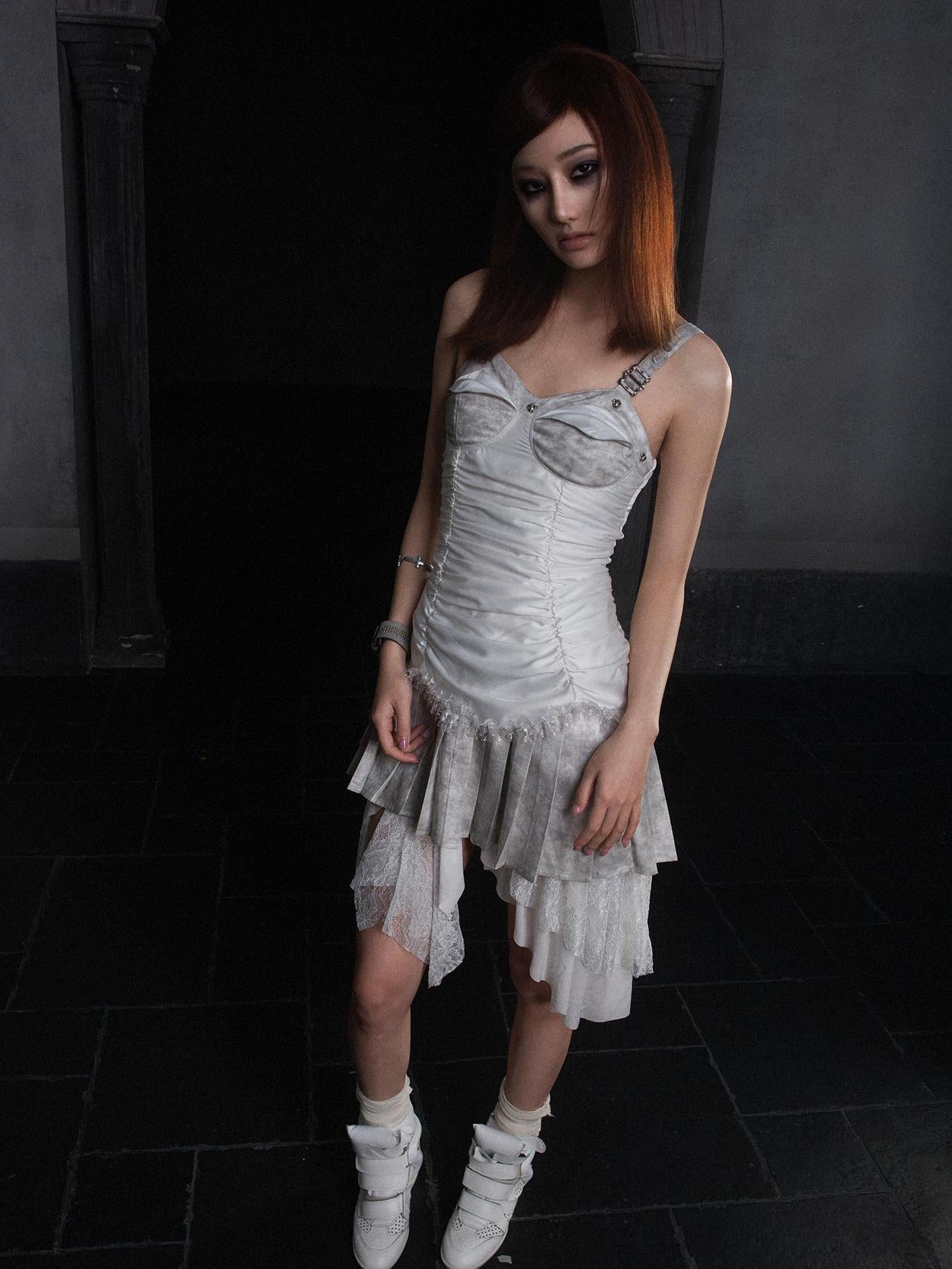 ARIADNAw Punk Inspired Satin Ruffle Layered Dress Edgy Versatile